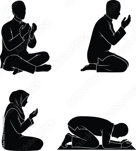 Islamic prayer silhouette vector set, four Salah positions, devotion and worship concept, black illustration, cultural posture sketch, spiritual activity design