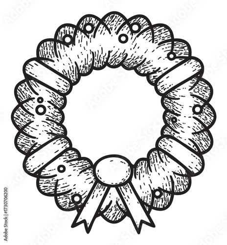 Vintage black and white hand-drawn christmas wreath design with ribbon and bow - stock vector