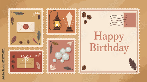 Send warm wishes with this charming happy birthday postcard featuring vintage postage stamps, perfect for celebrations, heartfelt messages, and creating a cozy, nostalgic feel