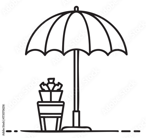 Black and white beach umbrella with potted plant line art illustration - stock vector