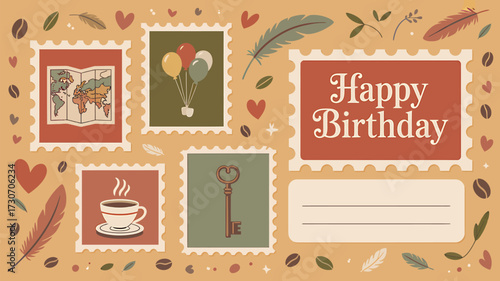Send heartfelt birthday wishes with this charming greeting card design featuring vintage-inspired stamps, perfect for expressing love and celebration on a special day with timeless appeal