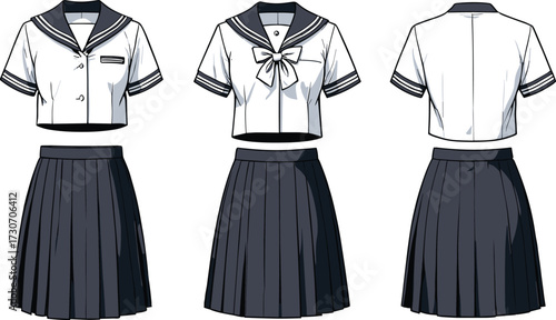 Japanese schoolgirl uniform vector, sailor fuku sketch, pleated skirt design, blouse variations, bow and button detail, front and back view, fashion illustration