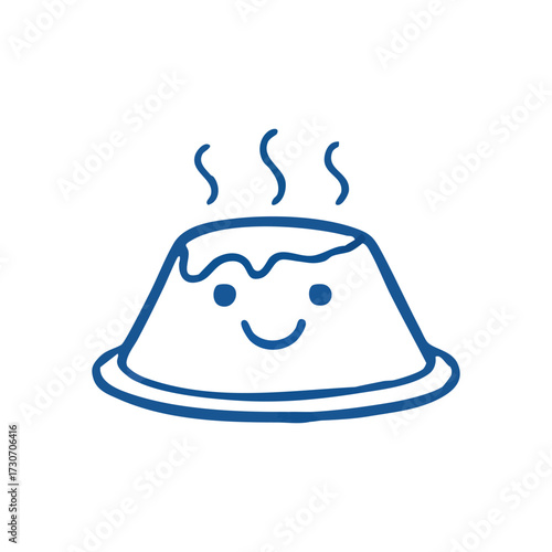Warm Steaming Happy Dessert Icon. This delightful blue doodle portrays a hot culinary treat. Its cheerful face and rising vapor evoke feelings of cozy contentment and delicious indulgence.