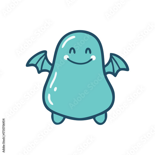 Happy Teal Blob Character. Adorable turquoise creature with small wings exudes pure joy. Its cheerful expression symbolizes innocence and playful charm, ideal for delightful concepts.
