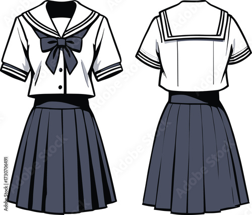 Japanese schoolgirl uniform vector, sailor fuku sketch, pleated skirt design, bow detail, front and back view, fashion illustration, traditional outfit, technical drawing