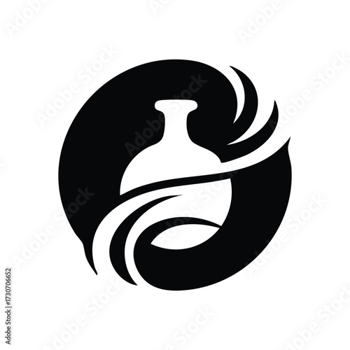 Dynamic Elixir Vessel Icon. Abstract emblem of a classic urn surrounded by flowing, wave like forms. It represents bottled spirit, precious goods, and ancient craftsmanship.