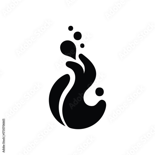 Abstract Liquid Droplet Motif. An energetic black graphic illustrating a fluid gush, with flowing curves and tiny bubbles, conveying freshness and vitality.