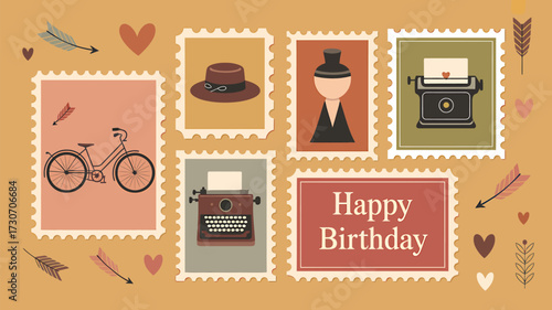 Vintage birthday wishes with charming illustrations of a bicycle, typewriter, hat, and arrows, perfect for greeting cards and celebrations