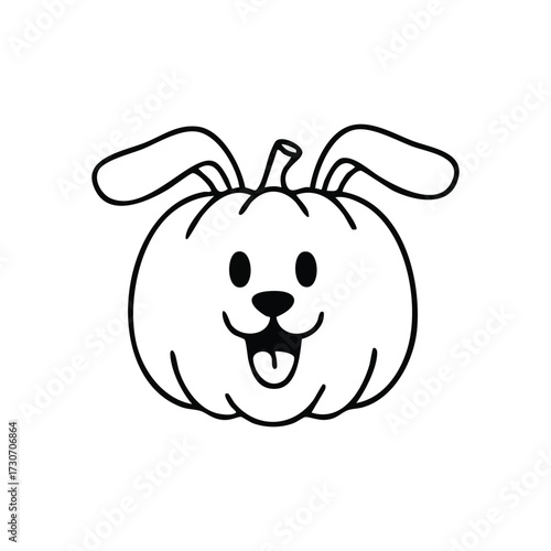 Smiling Pumpkin Bunny Character. A delightful line art drawing of a jovial squash with rabbit-like ears, radiating pure joy and lighthearted festivity, perfect for seasonal designs.