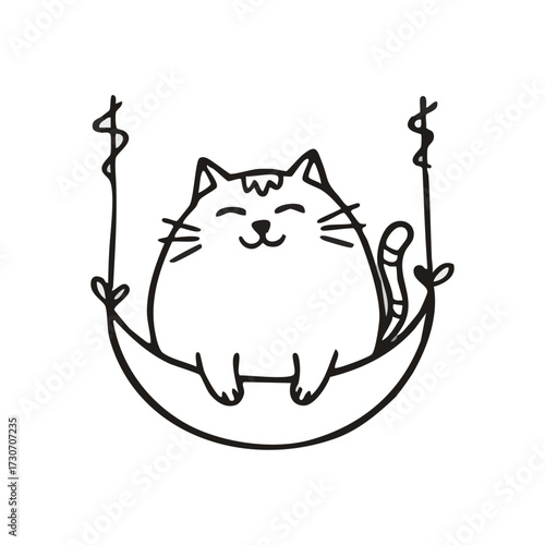 Contented Cat on Lunar Swing. Charming illustration features a delightful domestic pet enjoying a celestial perch. Its blissful expression symbolizes happiness, dreams, and sweet tranquility.