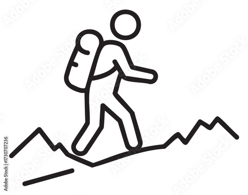 Outline of figure with backpack hiking on mountain trail with rocky peaks - stock vector