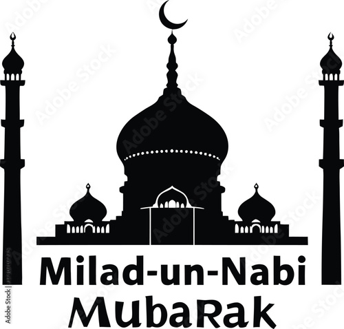 Milad-un-Nabi Mubarak Vector Featuring Mosque Silhouette with Crescent Moon and Minarets in Black Line Art Style