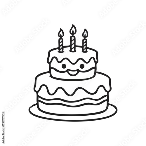 Joyful Birthday Cake Outline Drawing. A whimsical two-tiered dessert features glowing illuminators and a contented expression. This graphic evokes feelings of merriment and success.