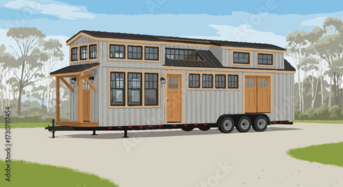 Modern Tiny House on Wheels with Porch in Nature