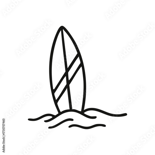Coastal Surfboard Wavy Water Icon. Clean vector image of a surfing plank in ocean swells. Symbolizes a vibrant seaside lifestyle, aquatic activity, and sunny relaxation.