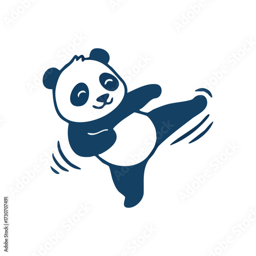 Playful Panda Karate Kick. An adorable bear illustration displays energetic martial arts prowess with a high striking leg. Symbolizes agility, strength, and confidence.