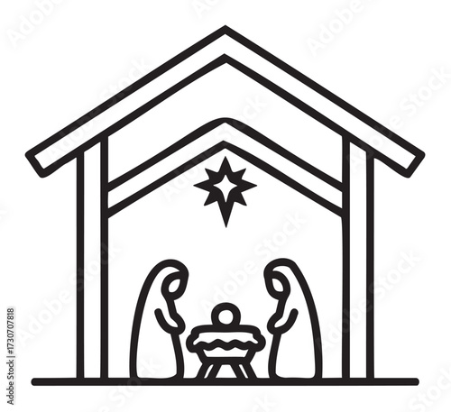 Nativity scene outline with mary joseph and baby jesus under a star - stock vector