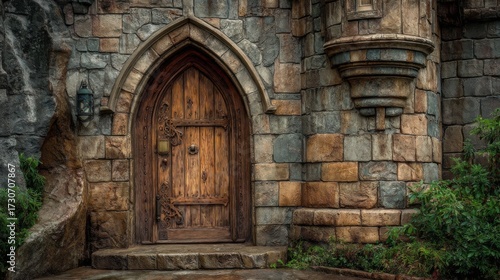 Wallpaper Mural A beautifully crafted wooden door sits beneath a large stone arch. The door features decorative elements and is surrounded by weathered stone walls. Lush greenery adds to the charm of the scene. Torontodigital.ca