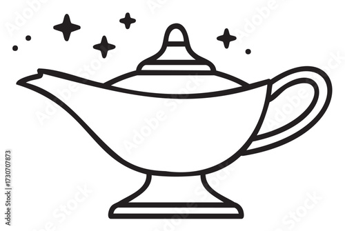 Magic lamp line art with floating stars - stock vector