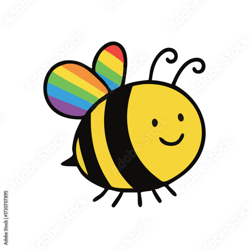 Joyful Bee Rainbow Wings Illustration. A delightful striped creature with vibrant chromatic appendages exudes cheerfulness. This cheerful insect represents unity, pride, and acceptance.