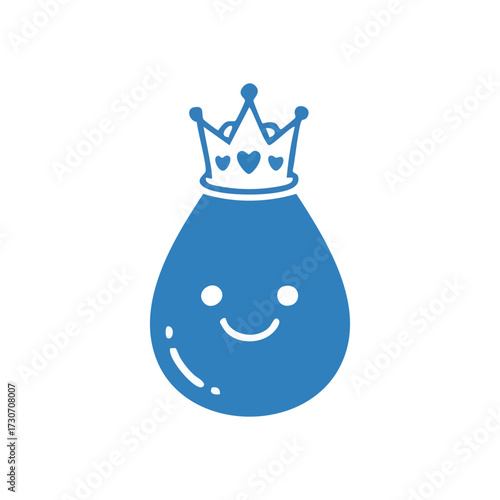 Happy Water Drop King Icon. A delightful blue liquid adorned with a majestic coronet and a joyous expression. This illustration conveys pure, premium hydration and environmental care.