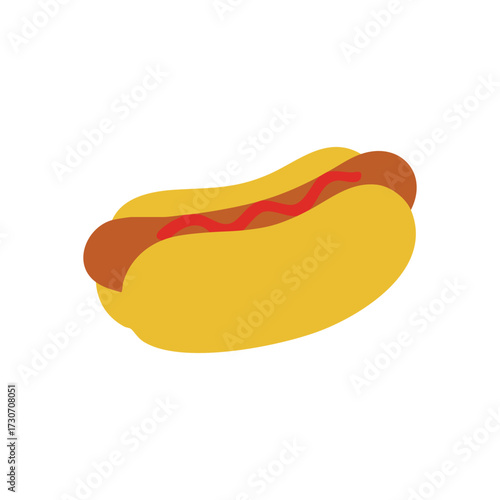 Classic Hot Dog Icon with Ketchup. A simple graphic depiction of a traditional frankfurter in a golden bun, topped with vibrant red sauce. Symbolizes casual dining and comfort.