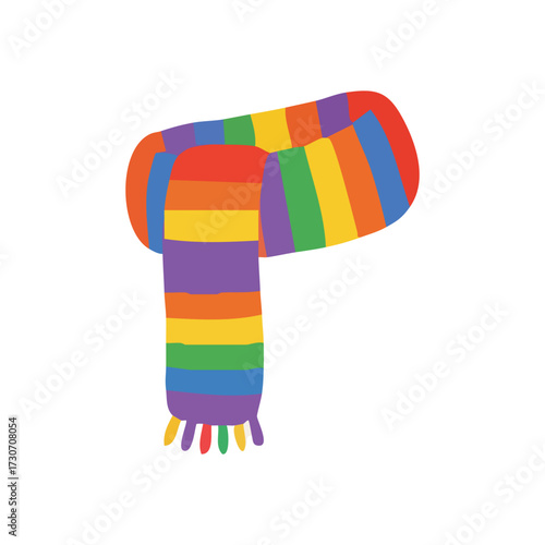 Gay Pride Rainbow Striped Scarf. This multicolor neckwear symbolizes LGBTQ+ diversity and inclusion. It represents warmth, comfort, and joy, perfect for chilly weather or a festive occasion.