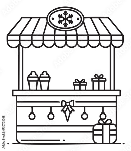 Festive holiday market stall with gifts and hot drinks outline illustration - stock vector