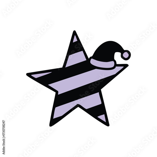 Festive Star with Winter Beanie. This charming graphic features a celestial body adorned in a whimsical black and lilac pattern, topped with a holiday cap. It symbolizes unique celebration.