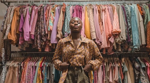 Fashion enthusiast posing in colorful vintage wardrobe thrift store portrait photography creative space engaging perspective