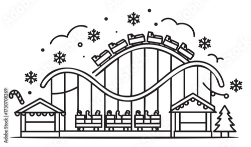 Winter theme park roller coaster with snowflakes and holiday decorations - stock vector