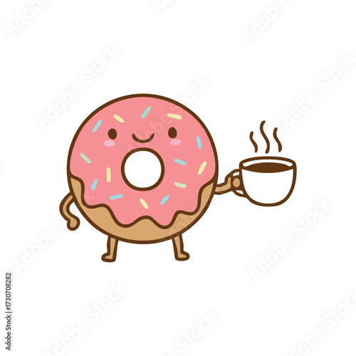 Happy Cartoon Donut with Hot Beverage. A cheerful pink glazed pastry character with colorful sprinkles holds a warm cup, symbolizing a sweet treat and a cozy morning ritual. This adorable.