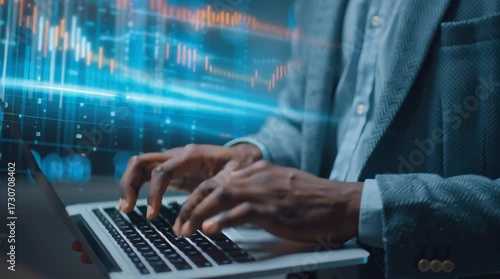Business professional analyzing data trends office environment digital content modern workspace focused perspective