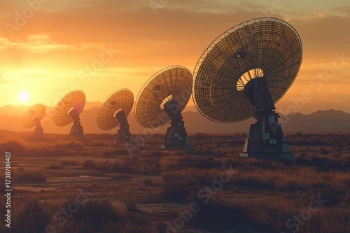 Sunset satellite dishes desert landscape photography evening glow wide-angle view technology in nature