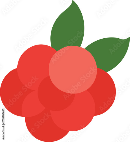A cluster of ripe red raspberries with green leaves, isolated on white background