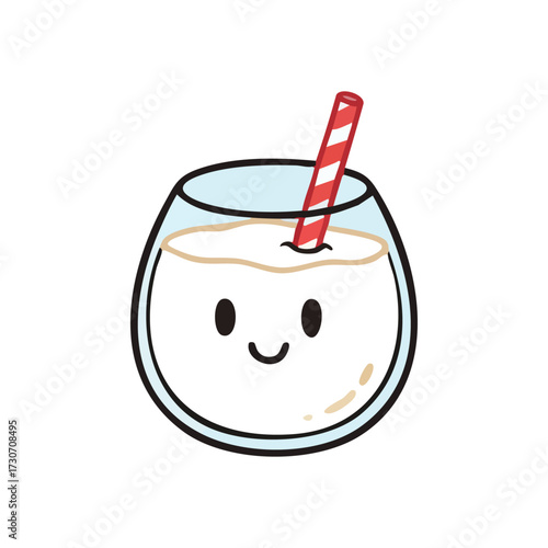 Cheerful Milk Drink Character. An adorable, smiling glass of creamy liquid with a striped straw, radiating a feeling of joy and refreshing delight.