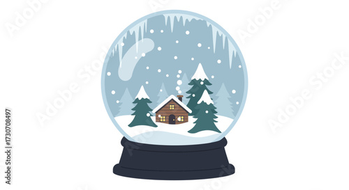 Winter scene within a glass snow globe featuring a cozy cabin silhouette