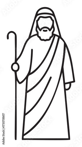 Biblical shepherd outline illustration with bearded man in robe and staff - stock vector