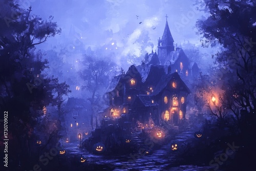 Halloween night with a spooky mansion surrounded by glowing pumpkins and a misty atmosphere