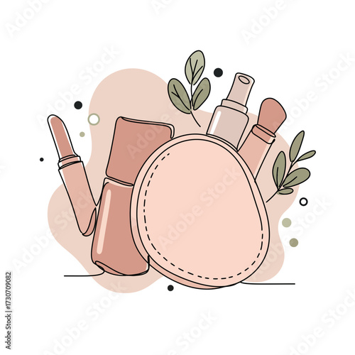 Makeup remover pad with cosmetics and leaves in minimalist style  