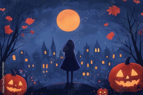 Charming Halloween night with glowing pumpkins and full moon over a spooky village