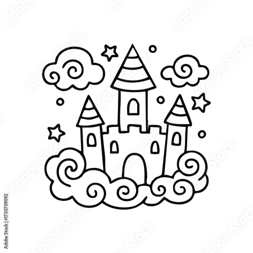 Whimsical Castle in Sky Art. Charming fairytale fortress surrounded by fluffy heavens and twinkling astral bodies. This adorable sketch evokes enchantment and childhood imagination.
