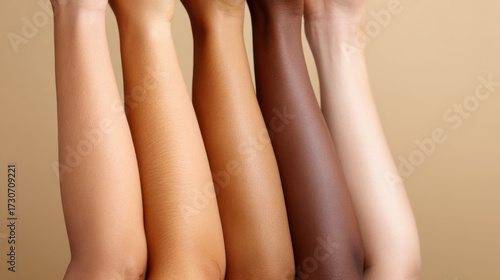 Diverse lineup of female arm represent different skin tone and color variation. Beautiful concept of cosmetic, beauty, body positivity and togetherness for every body