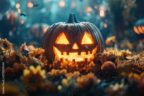Glowing jack-o-lantern surrounded by autumn flowers in a spooky Halloween setting at dusk