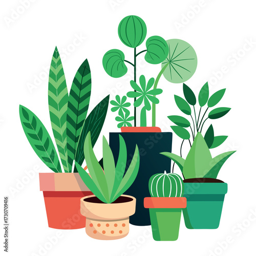Create a colorful illustration of different potted indoor plants with various shapes, sizes, and leaves