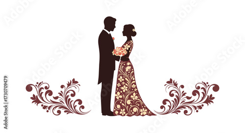 Elegant couple embracing tenderly amidst floral decorations a romantic silhouette