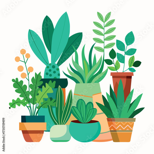 Create a colorful illustration of different potted indoor plants with various shapes, sizes, and leaves