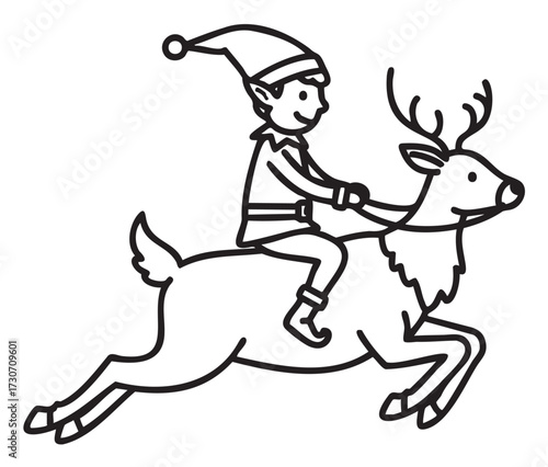 Elf riding reindeer wearing santa hat in christmas scene - black and white illustration - stock vector