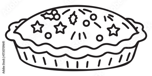 Simple line art of a decorative pie with stars and sprinkles - stock vector