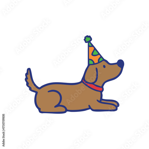 Happy Pet Dog Wearing Party Hat. A charming illustration of a cheerful brown pup adorned with a colorful celebratory cap and red neckband, symbolizing joy and fun.